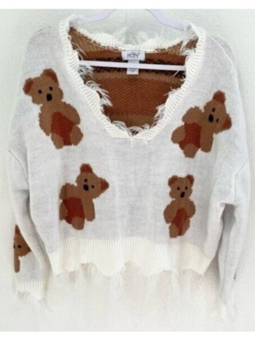 Just Polly Frayed Teddy Bear Sweater V Neck Novelty Preppy Vintage